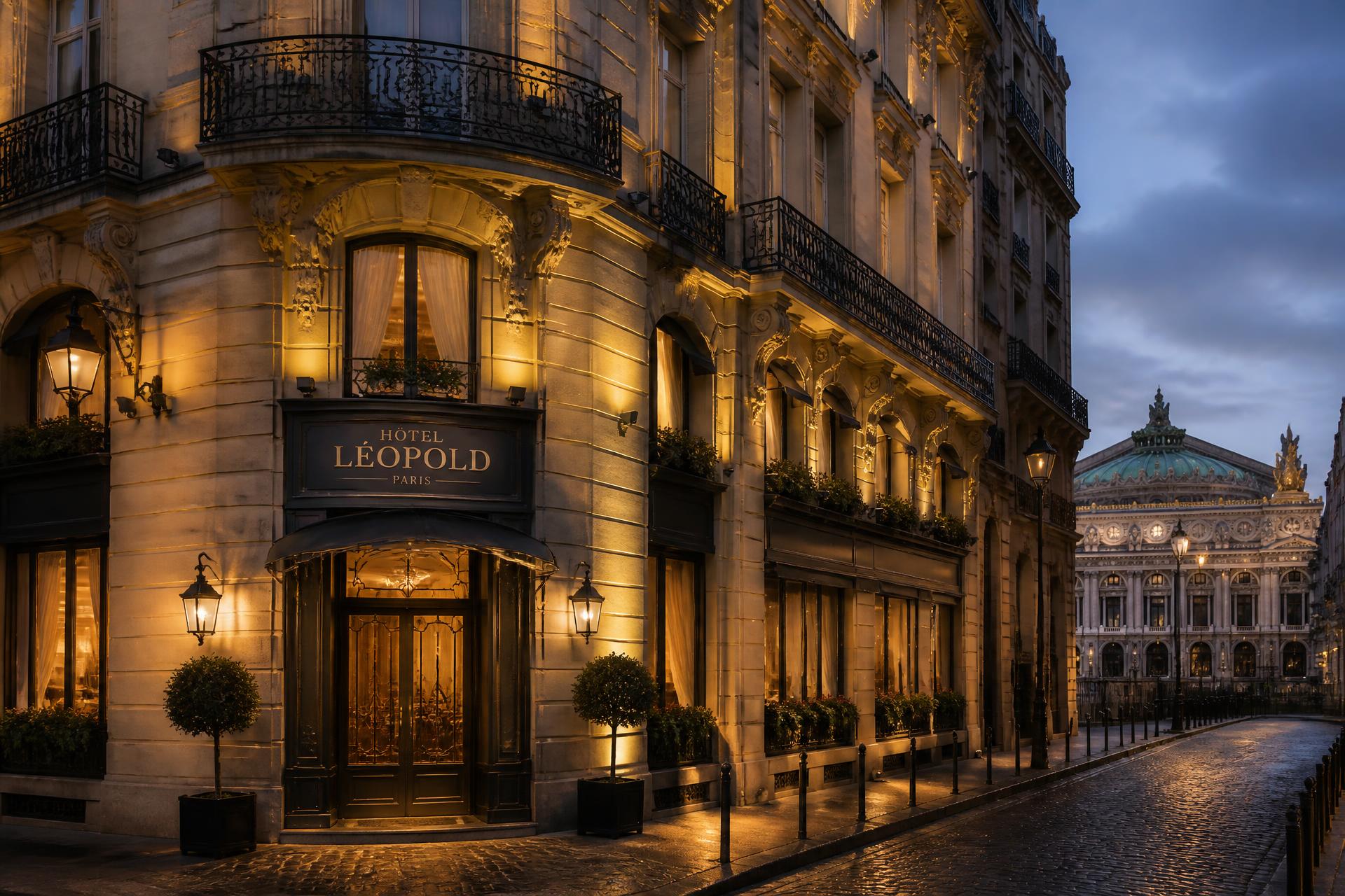 Façade de l'Hôtel Windsor Opéra au crépuscule